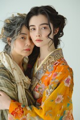 Fototapeta premium Heartwarming Portrait of a Loving Mother and Daughter Embracing in Traditional Attire