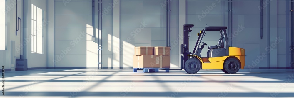 Poster under the bright sunlight in a welllit industrial warehouse, a yellow forklift and pallet of boxes c