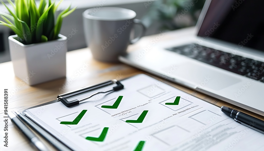 Poster Closeup of Operational Task Checklist with Completed Items and Green Check Marks