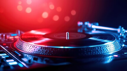 Close up view of a DJ turntable with vibrant lighting, perfect for music, nightlife, and party themes.