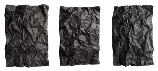 Set of black paper crumpled poster template on transparent background. Black poster mockup on the wall, blank paper mockup, trimming way