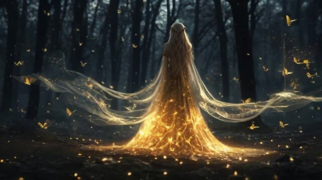 gentle fairy of autumn, like a butterfly, flaps golden wings in the dark forest