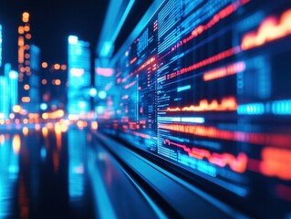 Obraz premium Futuristic data visualization on a digital interface with vibrant blue and red colors, representing technology and innovation.