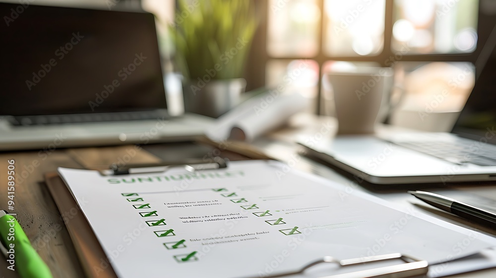 Aufkleber closeup of management review document with objectives ticked off and green check marks