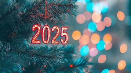 Happy new year concept, 2025, glass text effect, stars celebration background