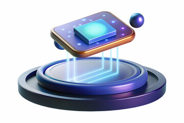 Suspended smart device with holographic display on an isolated white background concept as A smart device floating mid air with a holographic display projecting from it all isolated on a white backgro