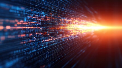 Dynamic abstract representation of light trails and data streams in vibrant blue and orange colors, showcasing motion and energy.