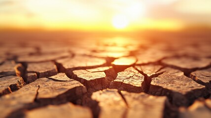 Obraz premium Stunning close-up of cracked earth at sunset, highlighting drought and climate change impacts on the environment.