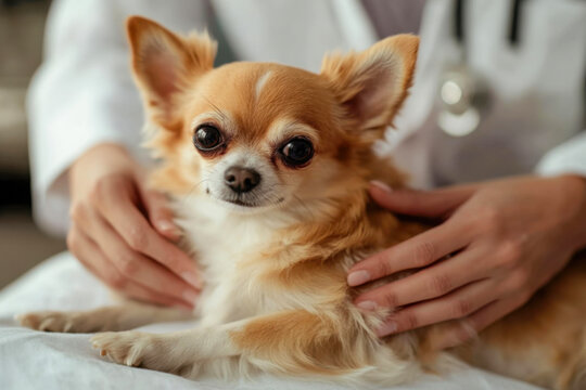 A veterinarian examines a Chihuahua at a clinic during a routine check-up