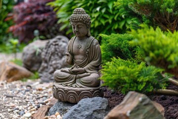 A serene Buddha statue sits atop a rock in a peaceful garden setting, perfect for meditation or contemplation