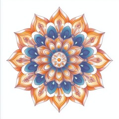 Vibrant mandala design featuring intricate floral patterns in blue and orange hues, perfect for decorative or spiritual use.