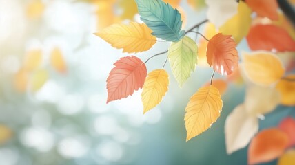 Fototapeta premium Vibrant autumn leaves showcasing a blend of yellow, orange, and green hues, capturing the essence of seasonal change and beauty.