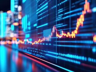 Vibrant stock market graph showcasing upward trends with blue and orange lights. Ideal for finance, technology, and innovation themes.