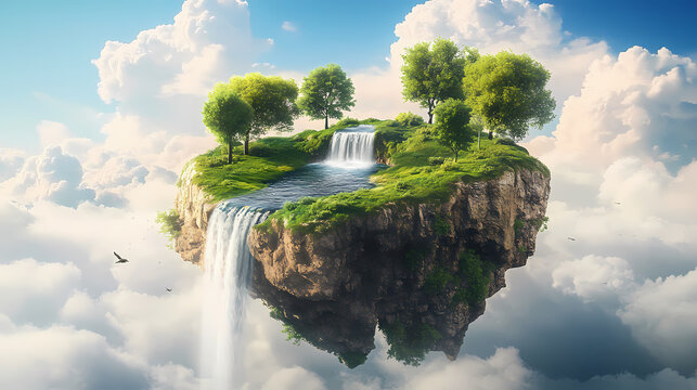 A surreal 3d illustration presents a fantasy floating island with a river stream, green grass, trees, and a waterfall, evoking a paradise concept against a blue sky with clouds. Surreal. Illustration