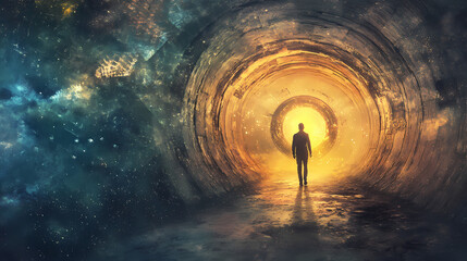 A surreal digital art piece depicting an individual time travel journey in time tunnel. Surreal. Illustration