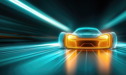 Futuristic car design with vibrant neon lights, creating a sense of speed and motion in a high-tech environment.