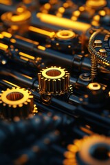 Abstract close-up of interlocking gold gears and mechanisms, showcasing intricate engineering and industrial precision in warm lighting.