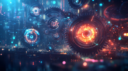 Obraz premium A surreal image of bond yields and interest rates with a of gears and cogs connecting and turning in a neonlit background. this dynamic and everchanging landscape represents. Surreal. Illustration