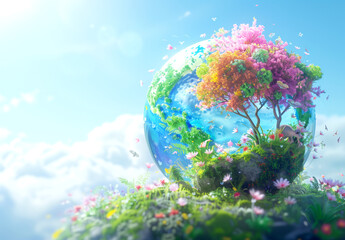Earth sphere containing colorful flowers, birds, and butterflies against a blue sky. Generative AI.	