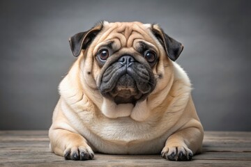 Obraz premium Chubby Companion: Overweight pug with adorable rolls, fluffy cheeks, neutral tones, whimsical and humorous concept.