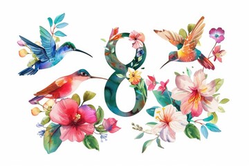 Fototapeta premium A stylized representation of the number 8 surrounded by flowers and birds, suitable for use in educational or decorative contexts