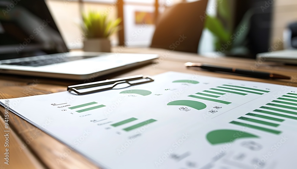 Poster printed corporate goals report with objectives ticked off and green check marks