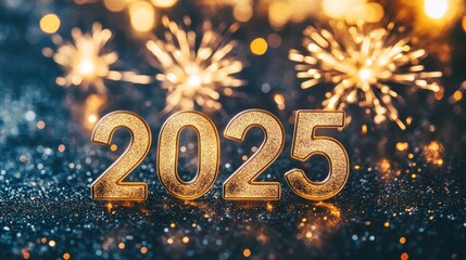 Happy New Year concept for 2025. New Year's lights, gold and dark red colors, bokeh background with glowing number 2025 and fireworks.