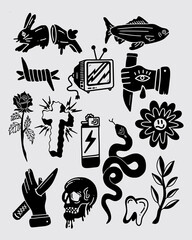 Obraz premium Icon tattoo style ink collage set collection streetwear t shirt fashion illustration vector mystical symbol design sticker print art isolated editable 
