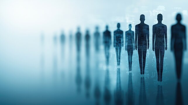Silhouettes of people fading into the background, representing anonymity and the concept of population or crowd dynamics.