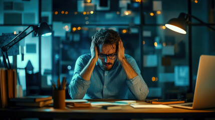 Man experiencing stress while working late at a desk in a dimly lit office filled with paperwork and glowing lights