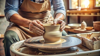 Close-up of skilled hands shaping and molding wet clay into a decorative ceramic vessel on a spinning wheel in a well-lit studio workstation.