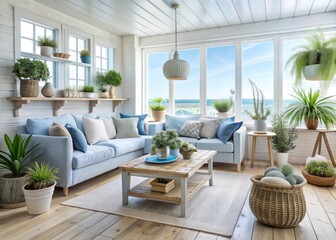 Fototapeta premium Coastal Botanical Retreat: Soft blues, whitewashed wood, salt-tolerant plants, beachy accents, calming atmosphere