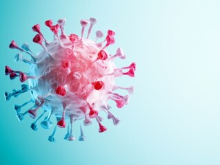 Fototapeta premium A 3D rendering of a virus particle on a blue background. The virus has a red and white surface with spikes protruding from its surface.