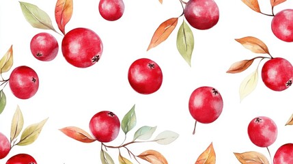 Bright red fruit with green leaves, arranged in a seamless pattern. Perfect for backgrounds, textiles, and seasonal designs.