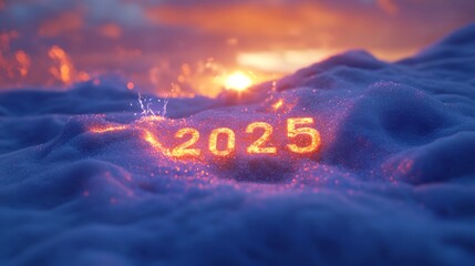 The text Neon Light 2025 is displayed on a snow background in top view, showing the concept of a Christmas banner.