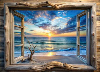Fototapeta premium Coastal Calm Solstice: Ocean view, driftwood-inspired window frame, calming blues, serene, beachy, coastal.