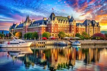 Obraz premium Coastal Canvas: Empress Hotel on Victoria waterfront, ocean-inspired hues, coastal textures, fluid brushstrokes