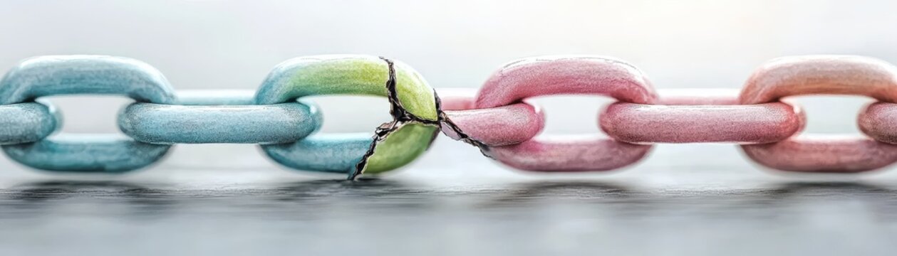 A broken chain of colorful links, symbolizing weakness and fragility.