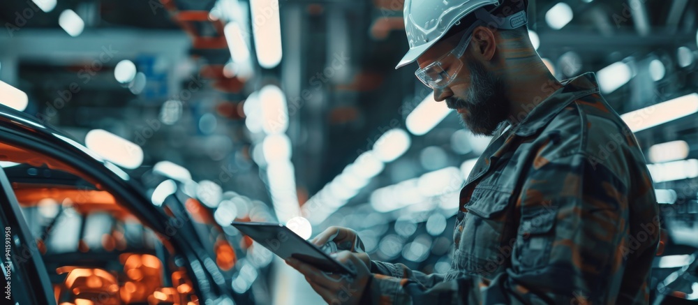 Poster a professional industrial worker, equipped in safety gear, is seen using a tablet to monitor and con
