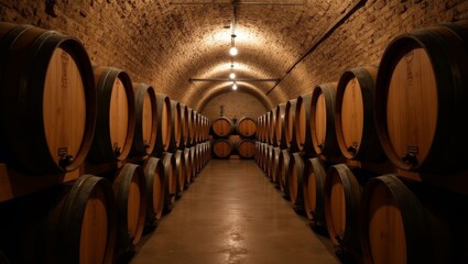 interior of a wine cellar with vaulted celing and wooden barrels