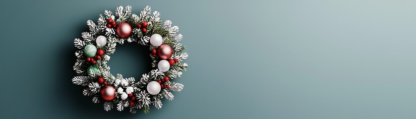 A festive Christmas wreath with red and white ornaments against a blue background.