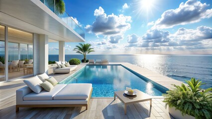 Fototapeta premium Coastal Chic: Breezy, airy, white and blue hues, infinity pool overlooking ocean waves