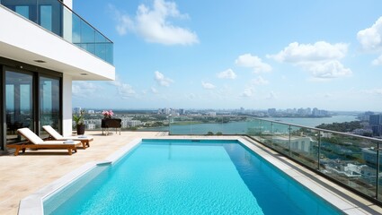 Fototapeta premium Impressive penthouse terrace with a swimming pool overlooking the sea