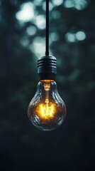 A glowing light bulb hangs against a blurred dark background, creating a warm atmosphere.