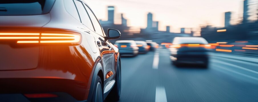 A dynamic scene featuring a modern car in motion, capturing the essence of urban driving and speed during twilight hours.