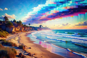 Fototapeta na wymiar Coastal Glitch Art: Distorted and fragmented beach imagery with digital glitches and electronic aesthetics.