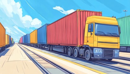 Fototapeta premium Colorful freight truck transporting containers on a sunny day, highlighting the logistics and transportation industry.