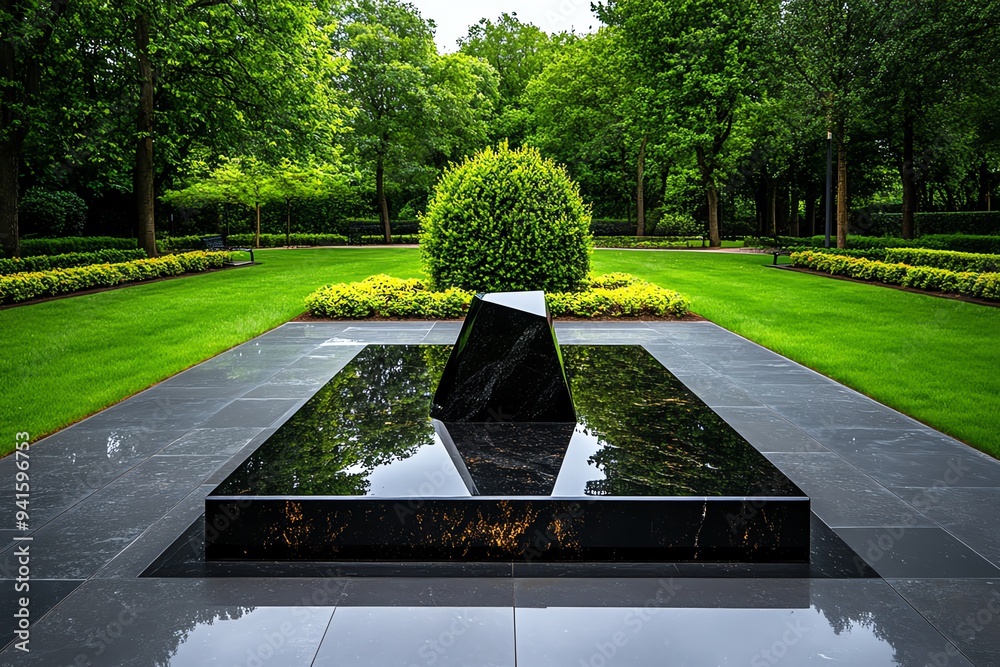 Poster a modern, minimalist tombstone design with sharp lines and a polished finish, placed in a sleek, urb