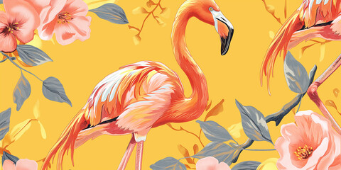 Exotic tropical summer background with flamingo design with an aesthetic yellow background
