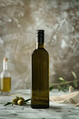 Olive Oil Bottle with Fresh Bay Leaves on Rustic Background